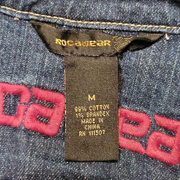 ROCAWEAR Distressed Denim Pink Bedazzled Glam Rock Jean Jacket - Picture 9 of 12